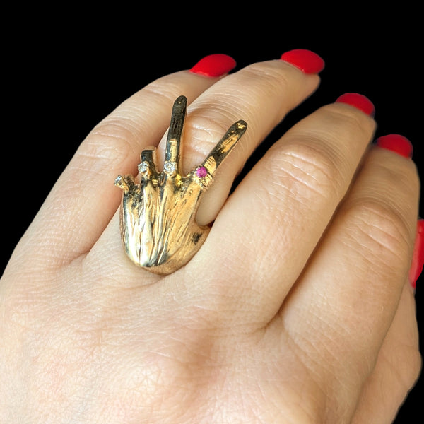 1970 Diamonds Ruby 14k Yellow Gold Custom Made Hand Ring Vintage Cocktail Unisex