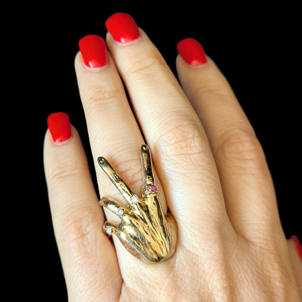 1970 Diamonds Ruby 14k Yellow Gold Custom Made Hand Ring Vintage Cocktail Unisex