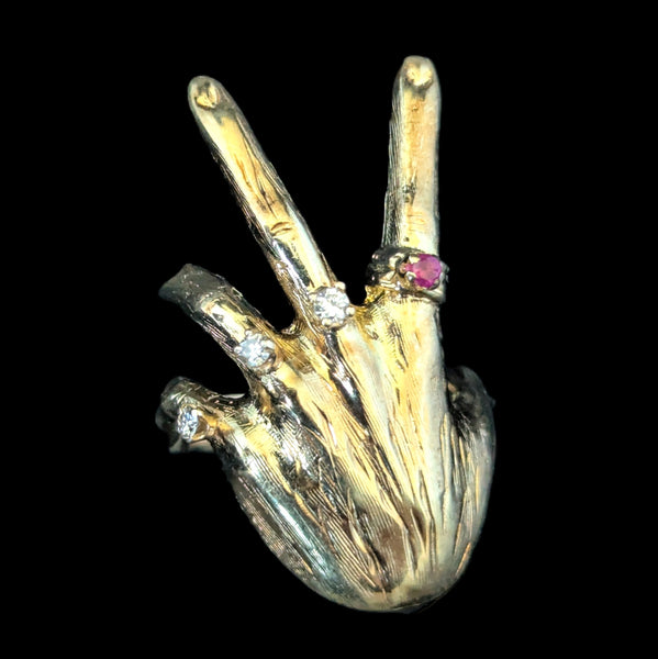 1970 Diamonds Ruby 14k Yellow Gold Custom Made Hand Ring Vintage Cocktail Unisex