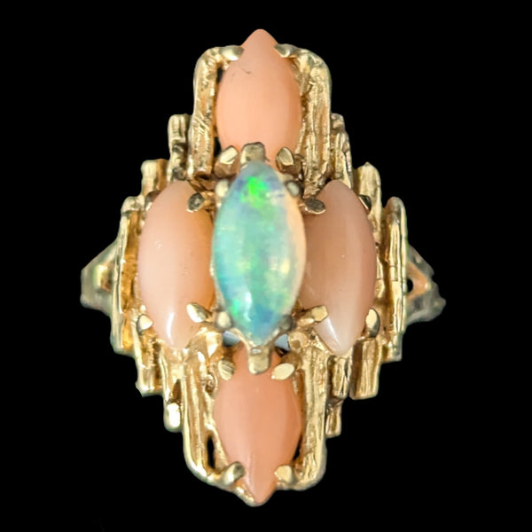 1970s BRUTALIST Opal Coral 14k Yellow Gold Cocktail Ring Vintage Estate Gift 