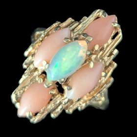 1970s BRUTALIST Opal Coral 14k Yellow Gold Cocktail Ring Vintage Estate Gift 