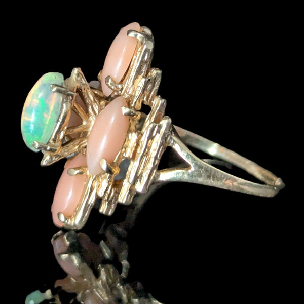 1970s BRUTALIST Opal Coral 14k Yellow Gold Cocktail Ring Vintage Estate Gift 