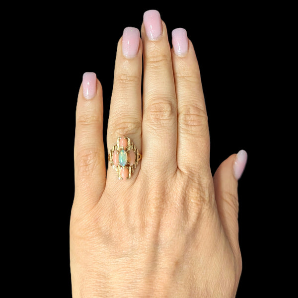 1970s BRUTALIST Opal Coral 14k Yellow Gold Cocktail Ring Vintage Estate Gift 