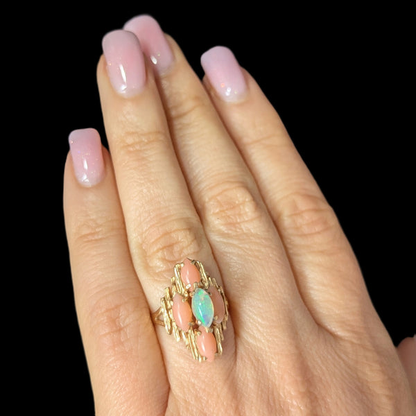 1970s BRUTALIST Opal Coral 14k Yellow Gold Cocktail Ring Vintage Estate Gift 