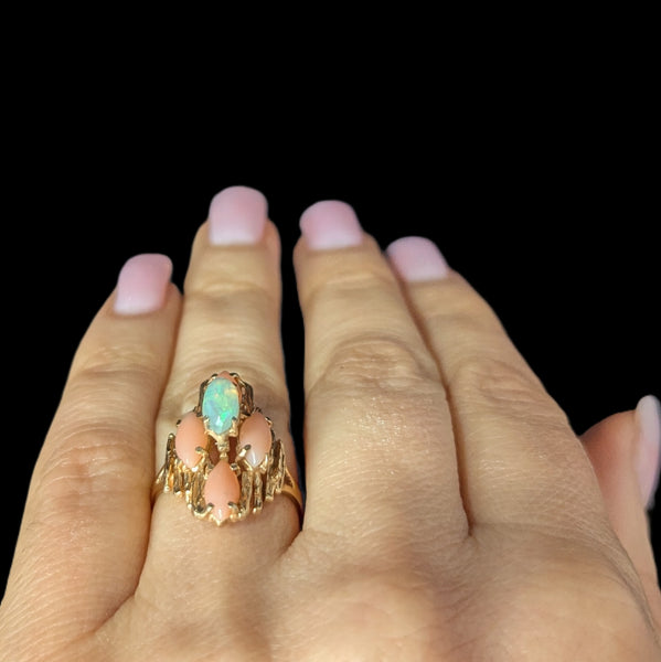 1970s BRUTALIST Opal Coral 14k Yellow Gold Cocktail Ring Vintage Estate Gift 
