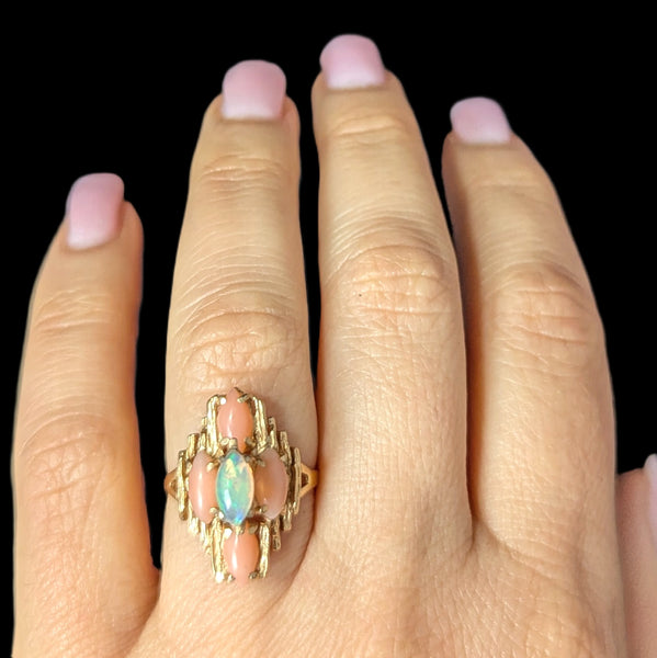 1970s BRUTALIST Opal Coral 14k Yellow Gold Cocktail Ring Vintage Estate Gift 