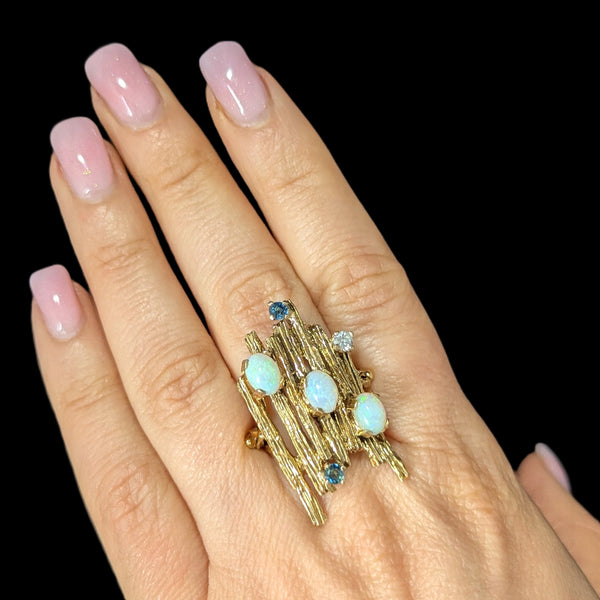 1970 BRUTALIST Opals Diamond Sapphire 14k Yellow Gold Huge Cocktail Ring Vintage