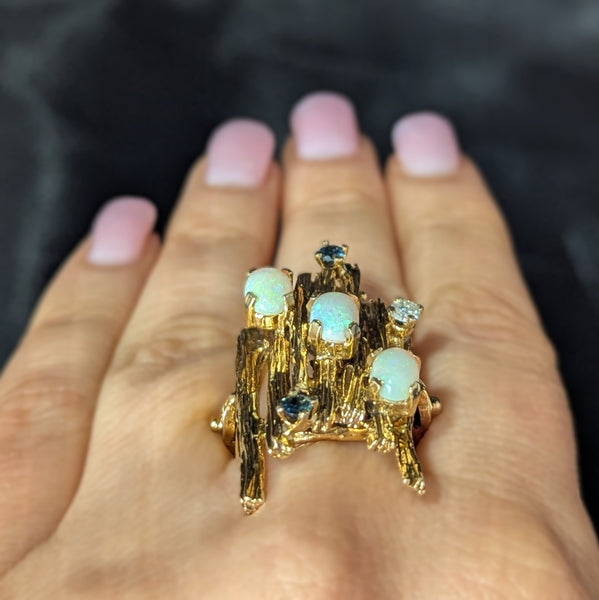 1970 BRUTALIST Opals Diamond Sapphire 14k Yellow Gold Huge Cocktail Ring Vintage