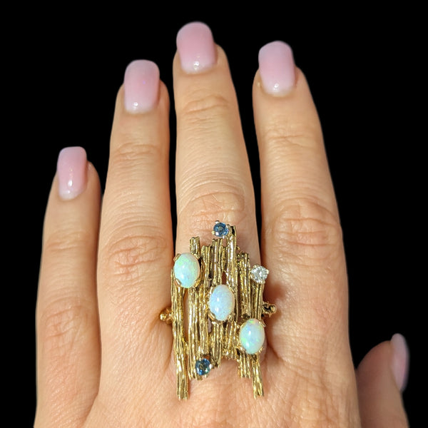 1970 BRUTALIST Opals Diamond Sapphire 14k Yellow Gold Huge Cocktail Ring Vintage