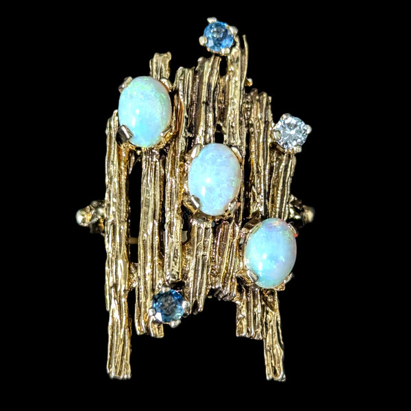 1970 BRUTALIST Opals Diamond Sapphire 14k Yellow Gold Huge Cocktail Ring Vintage