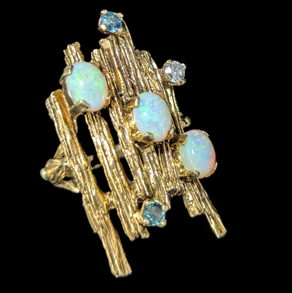 1970 BRUTALIST Opals Diamond Sapphire 14k Yellow Gold Huge Cocktail Ring Vintage