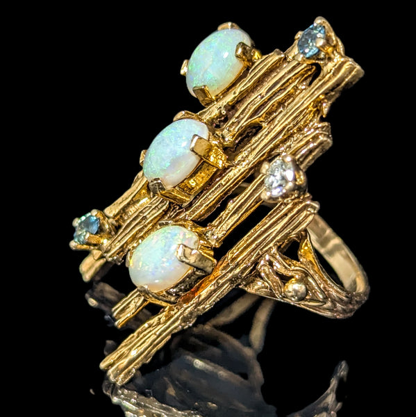 1970 BRUTALIST Opals Diamond Sapphire 14k Yellow Gold Huge Cocktail Ring Vintage