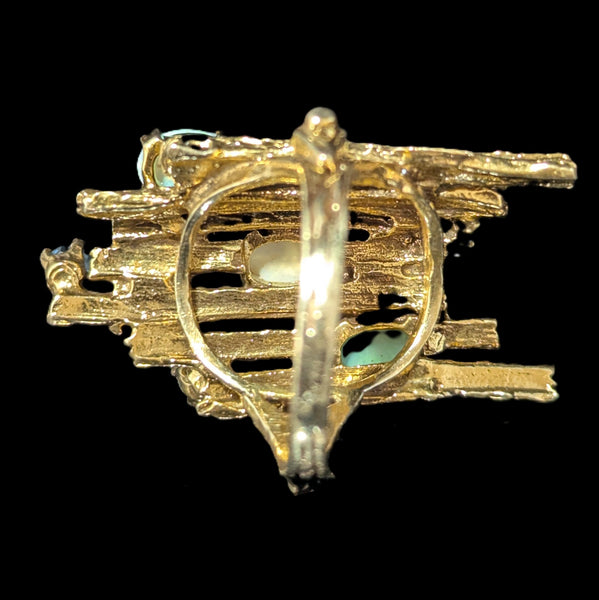 1970 BRUTALIST Opals Diamond Sapphire 14k Yellow Gold Huge Cocktail Ring Vintage