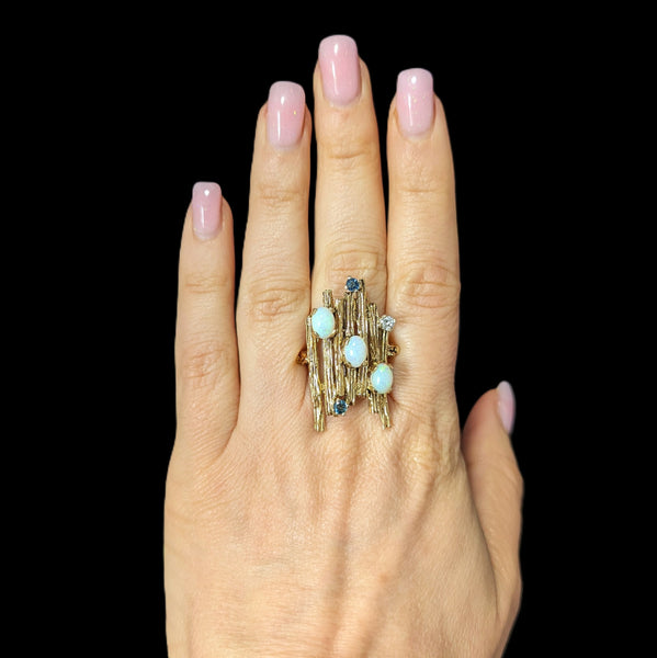 1970 BRUTALIST Opals Diamond Sapphire 14k Yellow Gold Huge Cocktail Ring Vintage