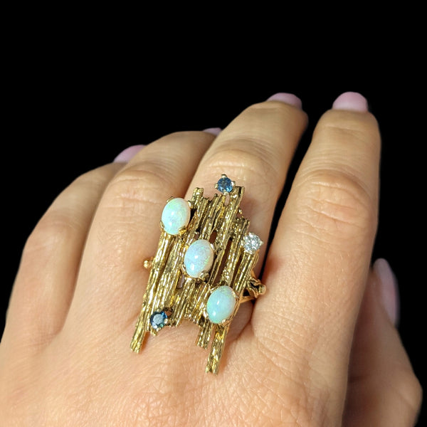 1970 BRUTALIST Opals Diamond Sapphire 14k Yellow Gold Huge Cocktail Ring Vintage