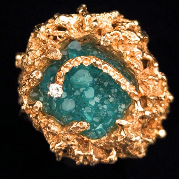 by Carl K. Gumpert Pacific gem cutters 1970s Diamond Crystalline Lab Created Emerald 14k Gold Brutalist Cocktail Ring  PacG