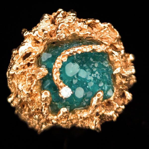 by Carl K. Gumpert Pacific gem cutters 1970s Diamond Crystalline Lab Created Emerald 14k Gold Brutalist Cocktail Ring  PacG