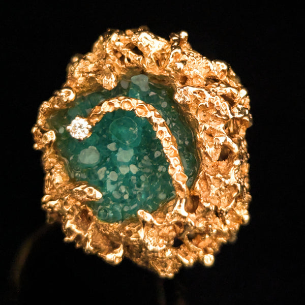 by Carl K. Gumpert Pacific gem cutters 1970s Diamond Crystalline Lab Created Emerald 14k Gold Brutalist Cocktail Ring  PacG