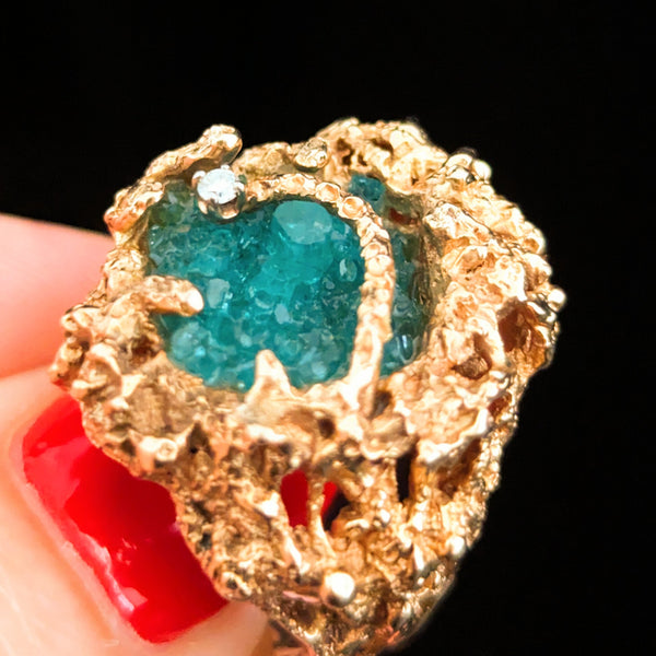 by Carl K. Gumpert Pacific gem cutters 1970s Diamond Crystalline Lab Created Emerald 14k Gold Brutalist Cocktail Ring  PacG