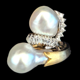 1970s Pearl Diamonds 14k Yellow Gold Huge Cocktail Ring Vintage Baguettes Estate