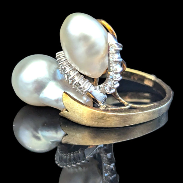 1970s Pearl Diamonds 14k Yellow Gold Huge Cocktail Ring Vintage Baguettes Estate
