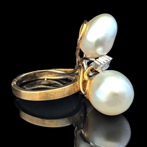 1970s Pearl Diamonds 14k Yellow Gold Huge Cocktail Ring Vintage Baguettes Estate