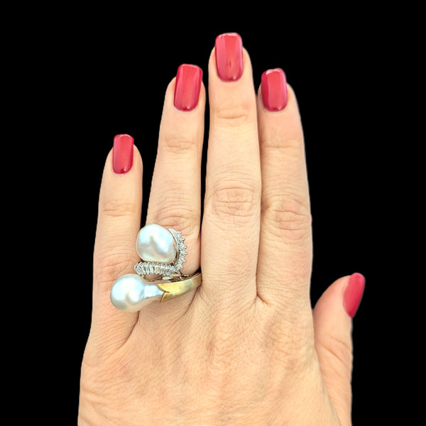 1970s Pearl Diamonds 14k Yellow Gold Huge Cocktail Ring Vintage Baguettes Estate