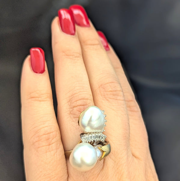 1970s Pearl Diamonds 14k Yellow Gold Huge Cocktail Ring Vintage Baguettes Estate