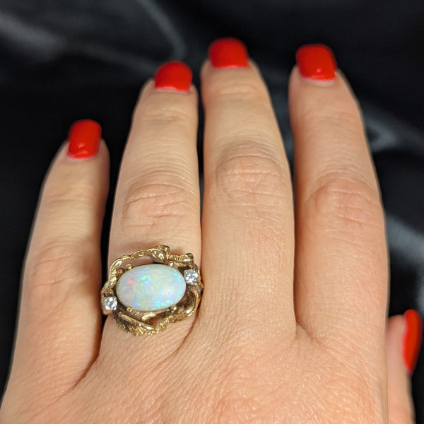 1970s Vines & Leaves Opal Diamonds 14k Yellow Gold Cocktail Ring Organic Vintage