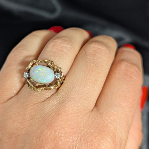 1970s Vines & Leaves Opal Diamonds 14k Yellow Gold Cocktail Ring Organic Vintage