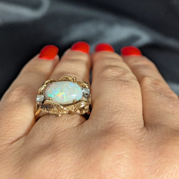1970s Vines & Leaves Opal Diamonds 14k Yellow Gold Cocktail Ring Organic Vintage