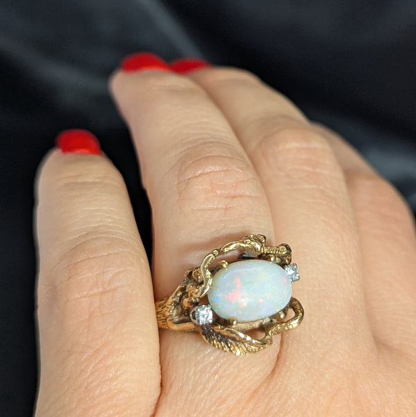 1970s Vines & Leaves Opal Diamonds 14k Yellow Gold Cocktail Ring Organic Vintage