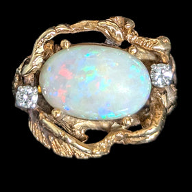 1970s Vines & Leaves Opal Diamonds 14k Yellow Gold Cocktail Ring Organic Vintage