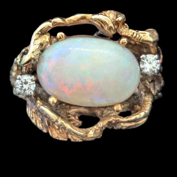 1970s Vines & Leaves Opal Diamonds 14k Yellow Gold Cocktail Ring Organic Vintage