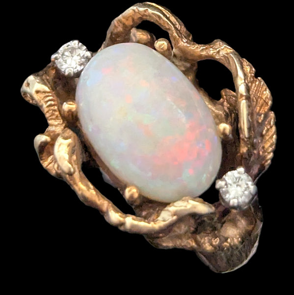 1970s Vines & Leaves Opal Diamonds 14k Yellow Gold Cocktail Ring Organic Vintage