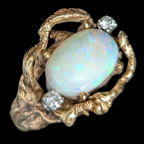 1970s Vines & Leaves Opal Diamonds 14k Yellow Gold Cocktail Ring Organic Vintage