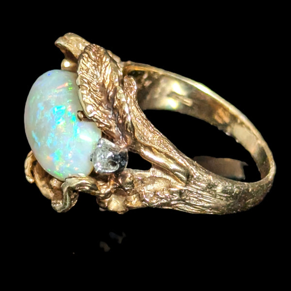 1970s Vines & Leaves Opal Diamonds 14k Yellow Gold Cocktail Ring Organic Vintage