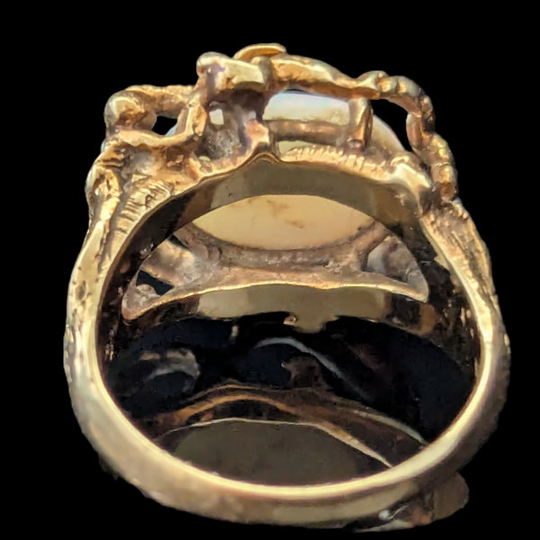 1970s Vines & Leaves Opal Diamonds 14k Yellow Gold Cocktail Ring Organic Vintage