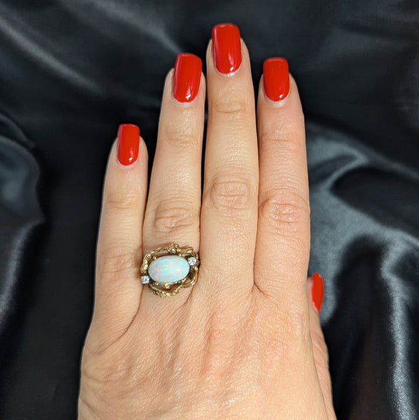 1970s Vines & Leaves Opal Diamonds 14k Yellow Gold Cocktail Ring Organic Vintage