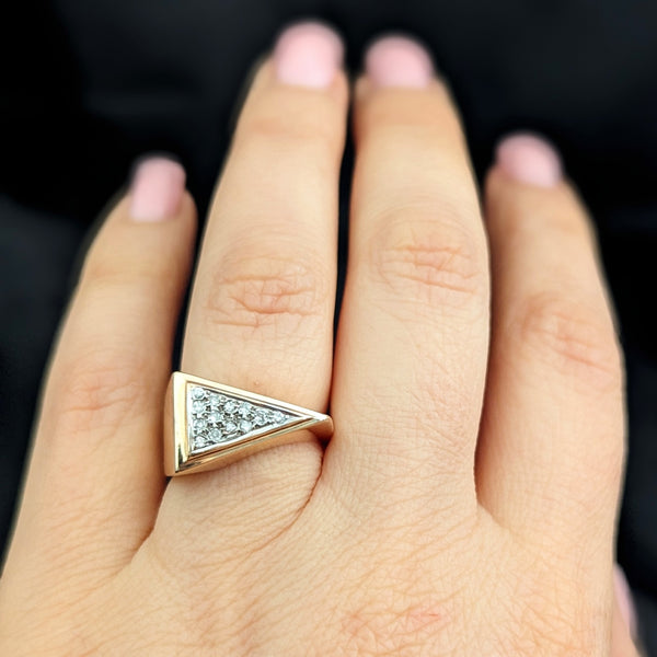 1970s Vintage Diamonds 14k Gold Triangle Cocktail Ring Modernistic Band Vintage