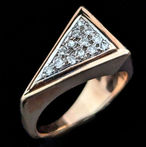 1970s Vintage Diamonds 14k Gold Triangle Cocktail Ring Modernistic Band Vintage