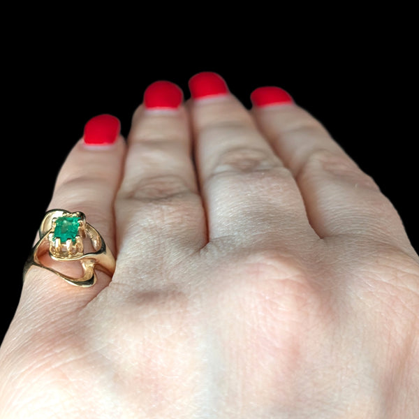 1970s Vintage Emerald 14K Yellow Gold Mid-Century Modern Swirl Ring Retro Gift 