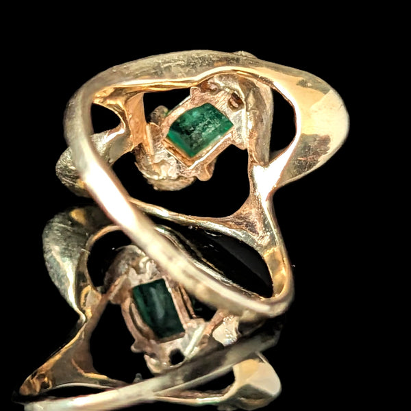 1970s Vintage Emerald 14K Yellow Gold Mid-Century Modern Swirl Ring Retro Gift 