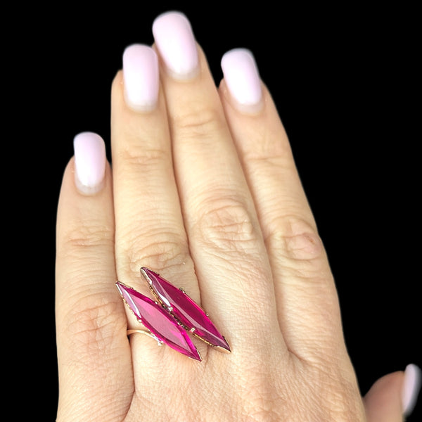 1970s Vintage Lab Created Rubies 14k Yellow Gold Large Cocktail Ring Estate Jewelry