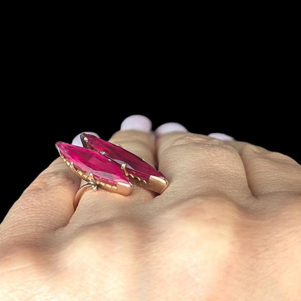 1970s Vintage Lab Created Rubies 14k Yellow Gold Large Cocktail Ring Estate Jewelry