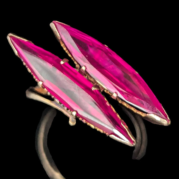 1970s Vintage Lab Created Rubies 14k Yellow Gold Large Cocktail Ring Estate Jewelry