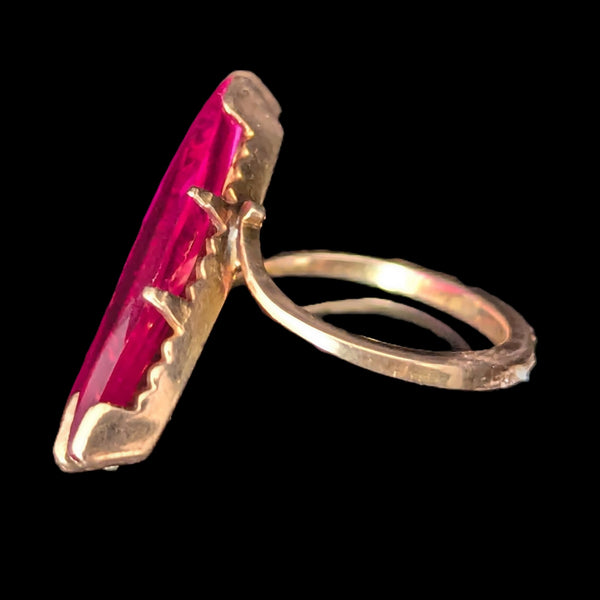 1970s Vintage Lab Created Rubies 14k Yellow Gold Large Cocktail Ring Estate Jewelry