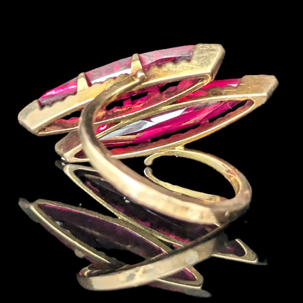 1970s Vintage Lab Created Rubies 14k Yellow Gold Large Cocktail Ring Estate Jewelry