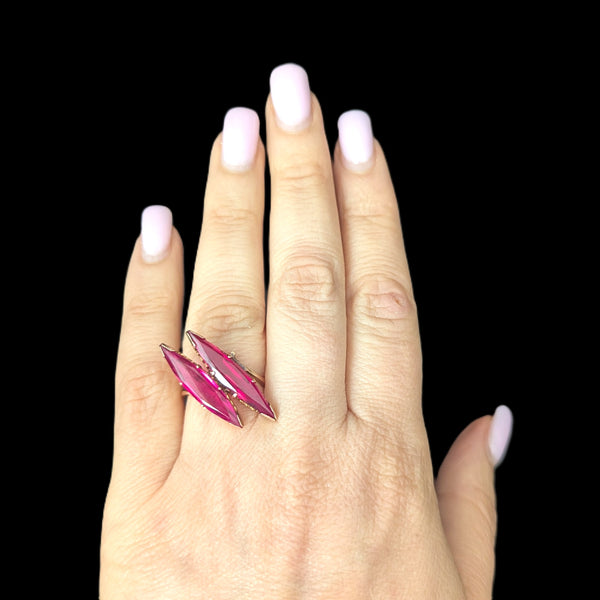 1970s Vintage Lab Created Rubies 14k Yellow Gold Large Cocktail Ring Estate Jewelry