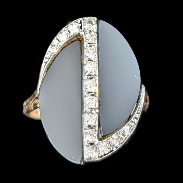 1970s Vintage Modernistic Diamonds Onyx 14k Yellow Gold Cocktail Ring Estate
